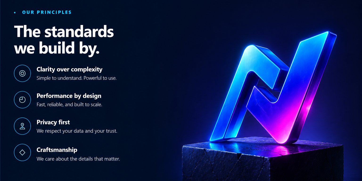 NexviaSoft principles — clarity over complexity, performance by design, privacy first and craftsmanship, with a glowing 3D NexviaSoft N sculpture.